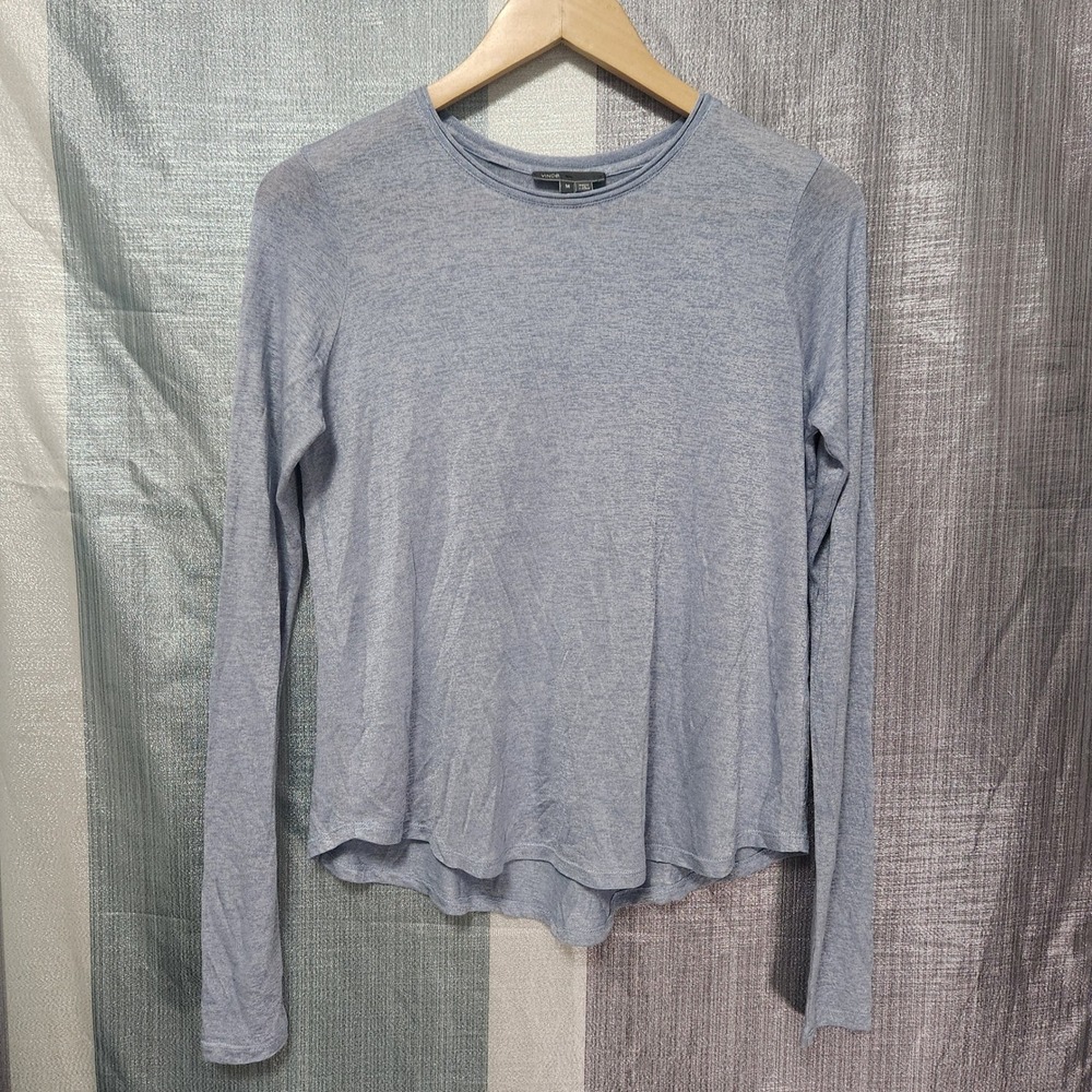 Vince Light Blue Heathered Knit Long Sleeve Crew Neck Pleat Back Top M Curved